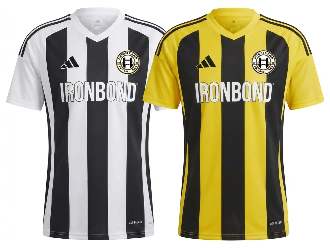 District Eleven FC home and away kits by Adidas, printed with the Ironbond wordmark on the chest